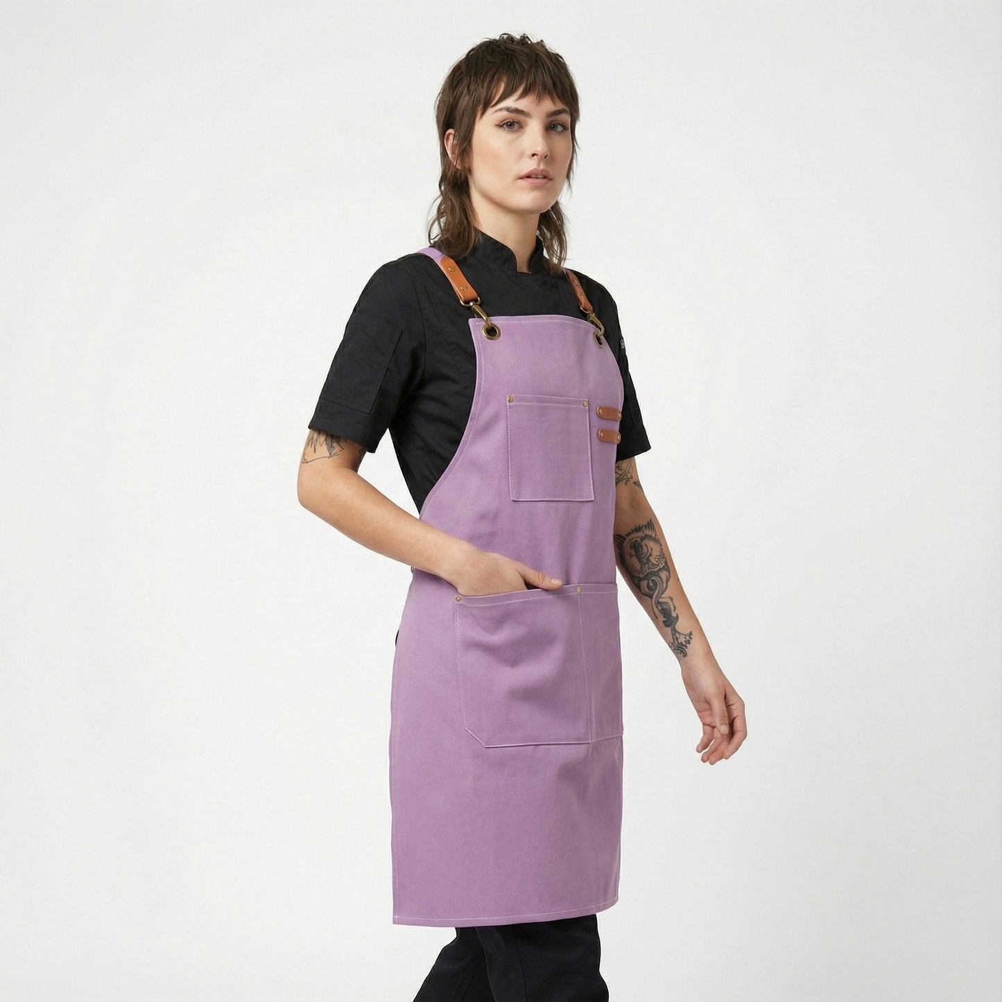 Canvas Apron with Faux Leather Pad 3 Pockets - Pastel Purple