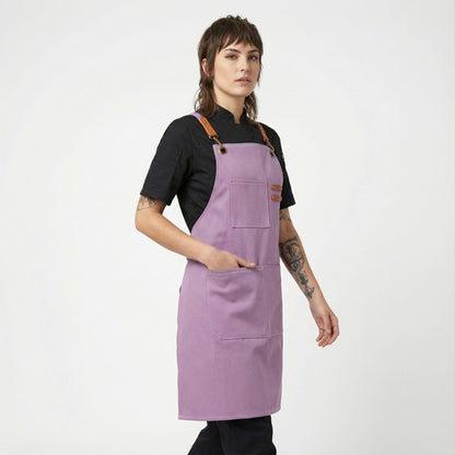 Canvas Apron with Faux Leather Pad 3 Pockets - Pastel Purple