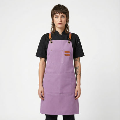 Canvas Apron with Faux Leather Pad 3 Pockets - Pastel Purple