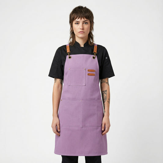 Canvas Apron with Faux Leather Pad 3 Pockets - Pastel Purple