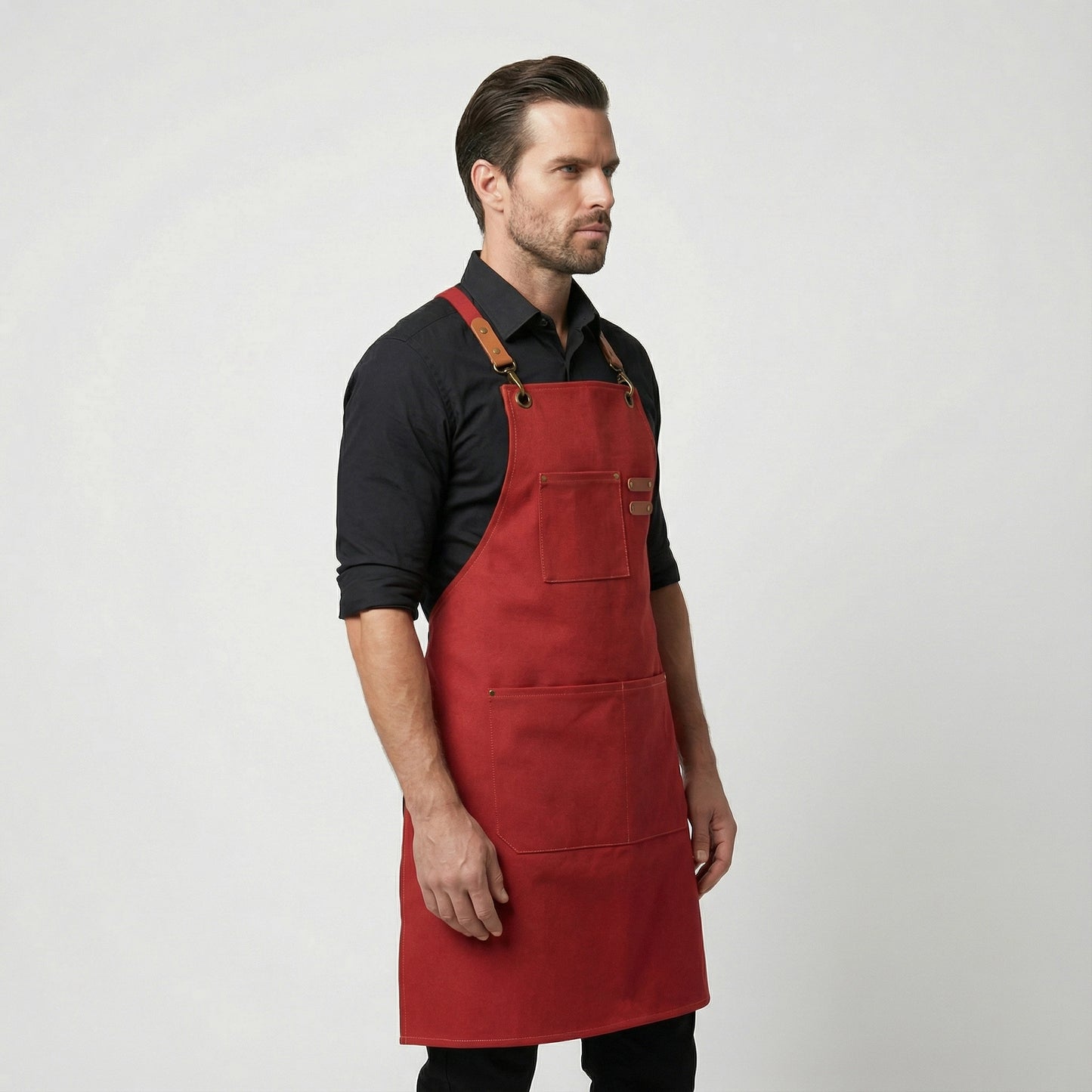 Canvas Apron with Faux Leather Pad 3 Pockets - Red