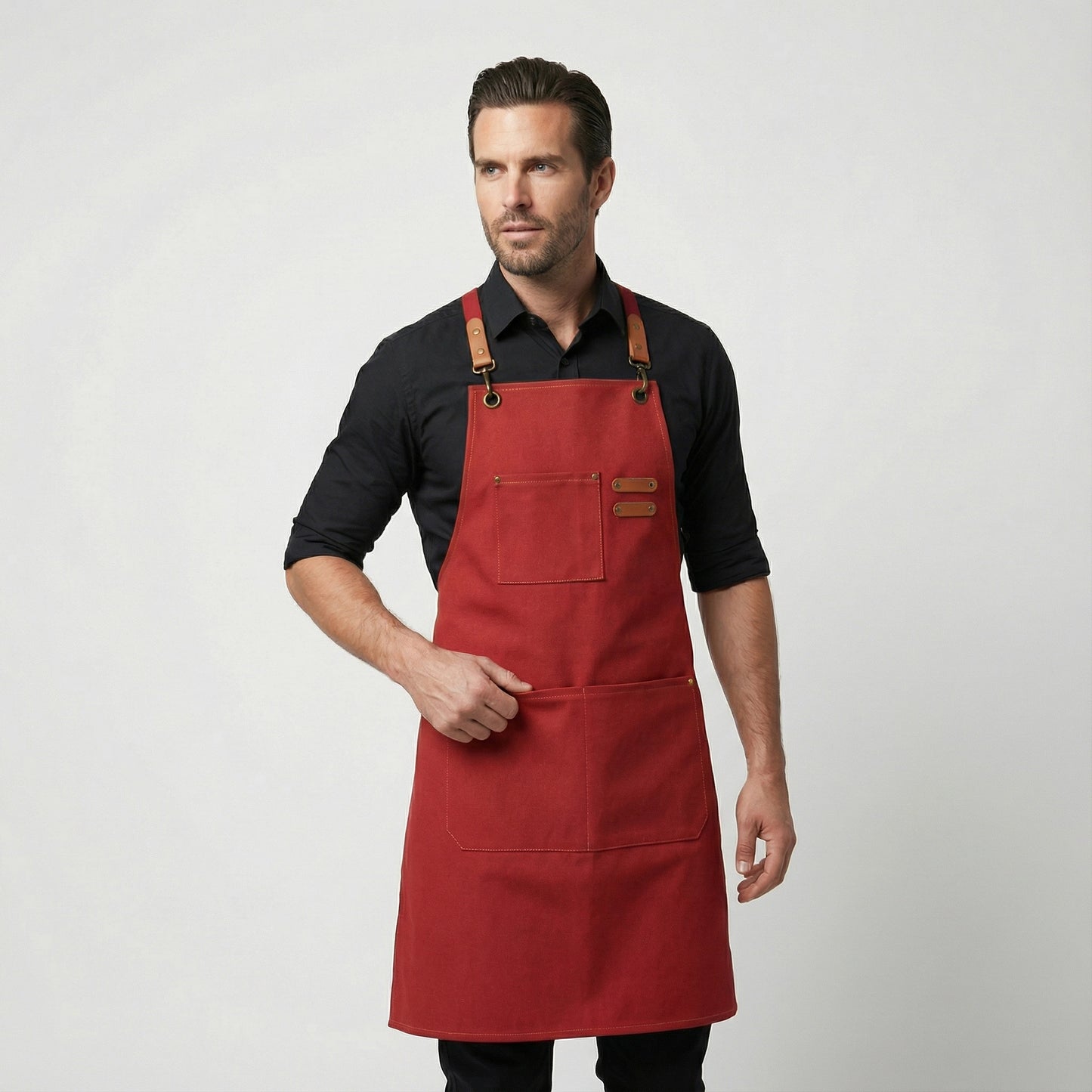 Canvas Apron with Faux Leather Pad 3 Pockets - Red