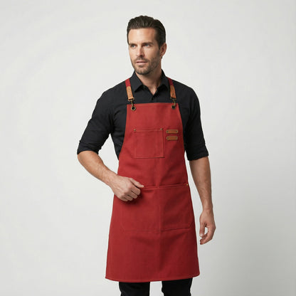 Canvas Apron with Faux Leather Pad 3 Pockets - Red