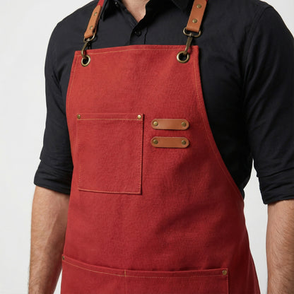 Canvas Apron with Faux Leather Pad 3 Pockets - Red