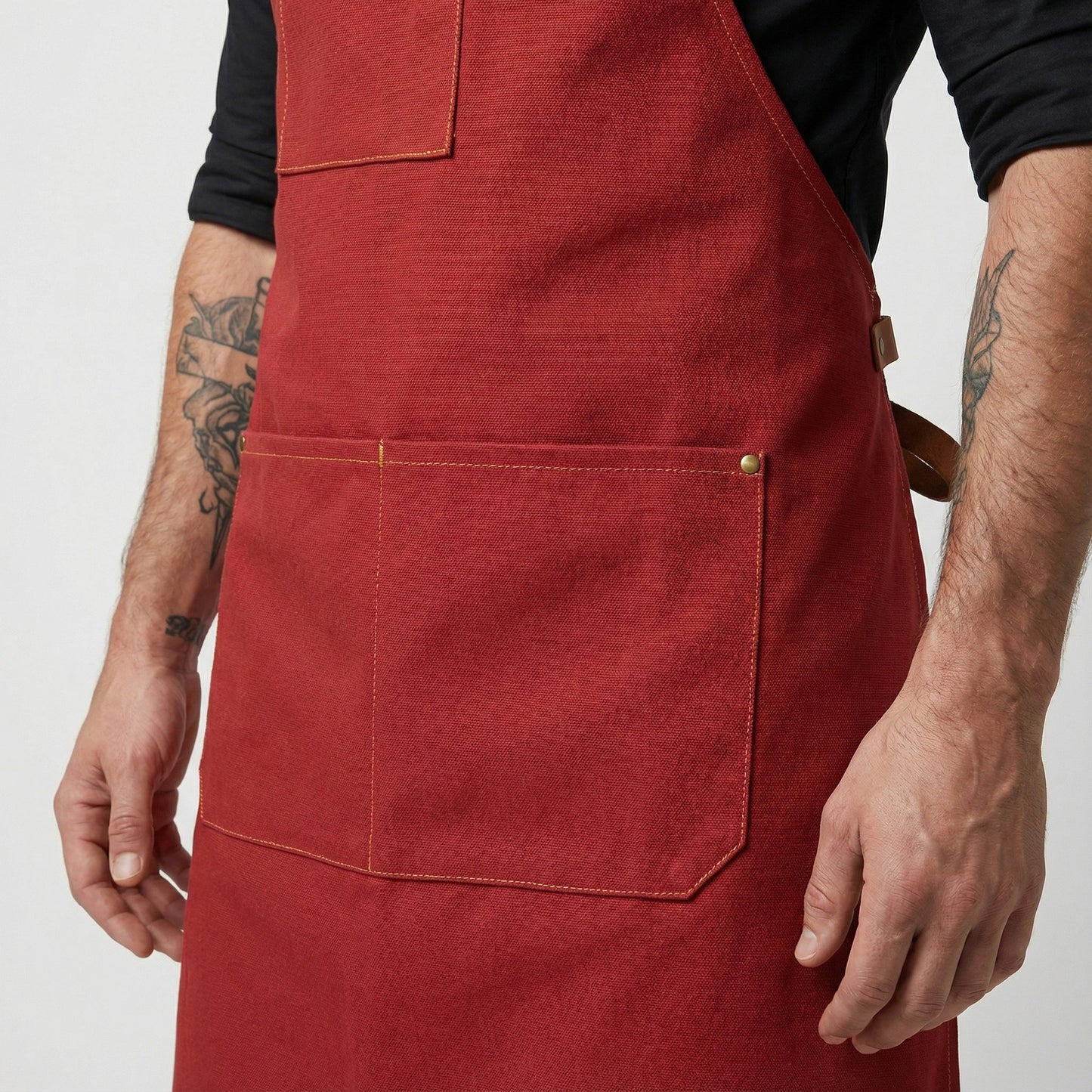 Canvas Apron with Faux Leather Pad 3 Pockets - Red
