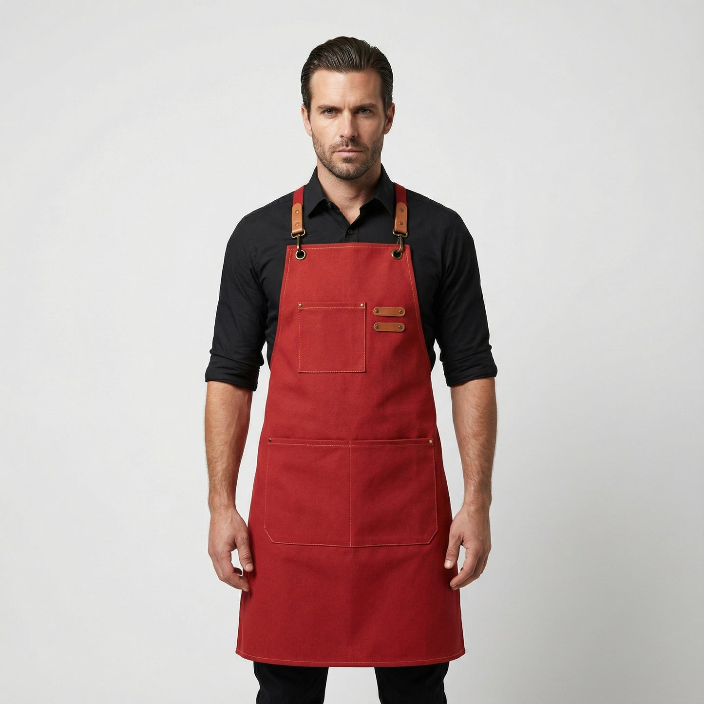 Canvas Apron with Faux Leather Pad 3 Pockets - Red