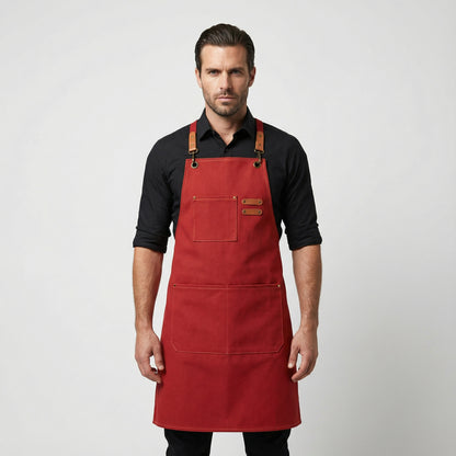 Canvas Apron with Faux Leather Pad 3 Pockets - Red