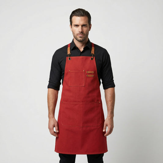 Canvas Apron with Faux Leather Pad 3 Pockets - Red