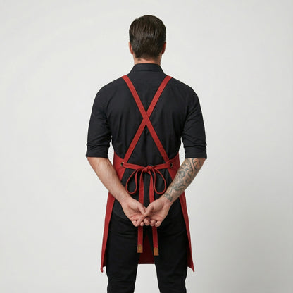 Canvas Apron with Faux Leather Pad 3 Pockets - Red