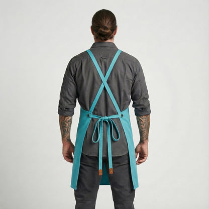 Canvas Apron with Faux Leather Pad 3 Pockets - Aqua Blue