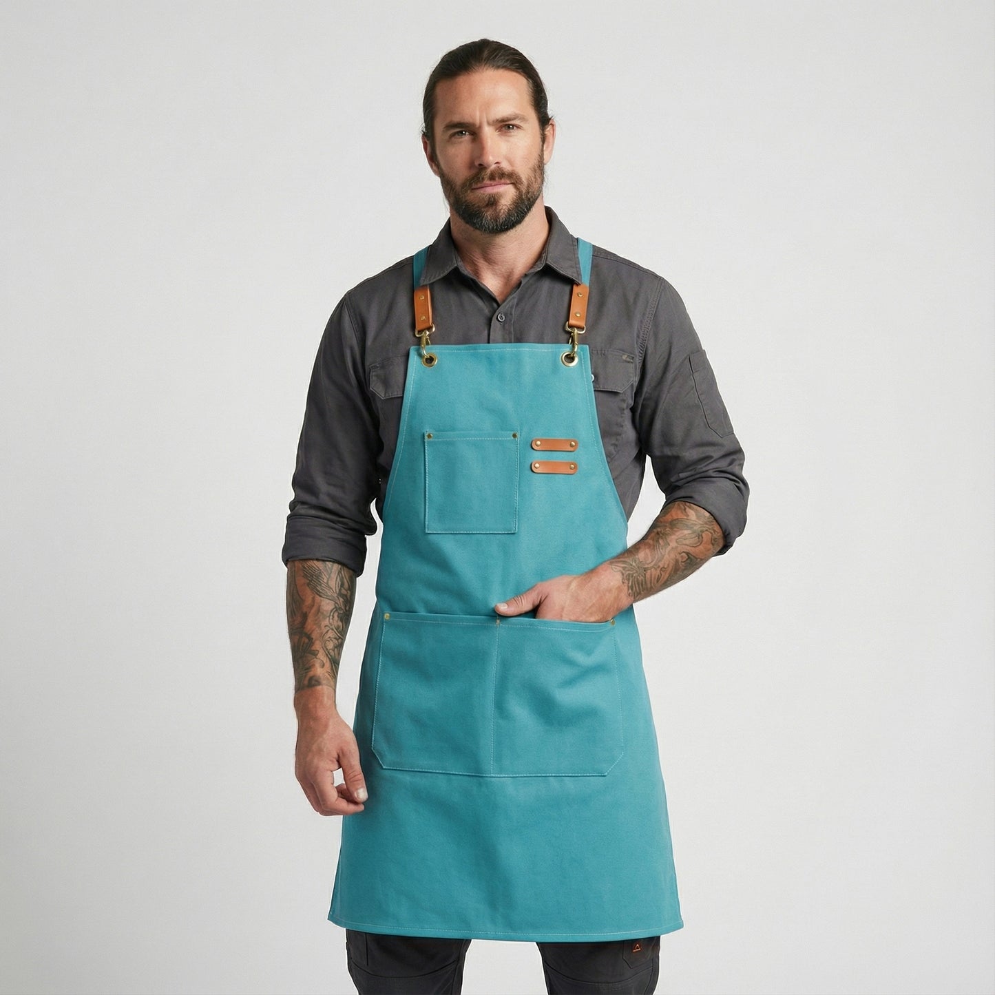 Canvas Apron with Faux Leather Pad 3 Pockets - Aqua Blue