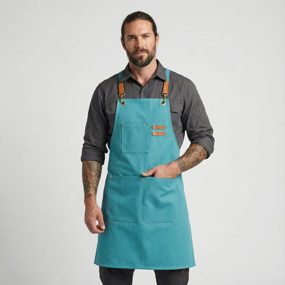 Canvas Apron with Faux Leather Pad 3 Pockets - Aqua Blue