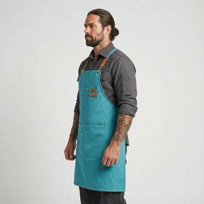 Canvas Apron with Faux Leather Pad 3 Pockets - Aqua Blue
