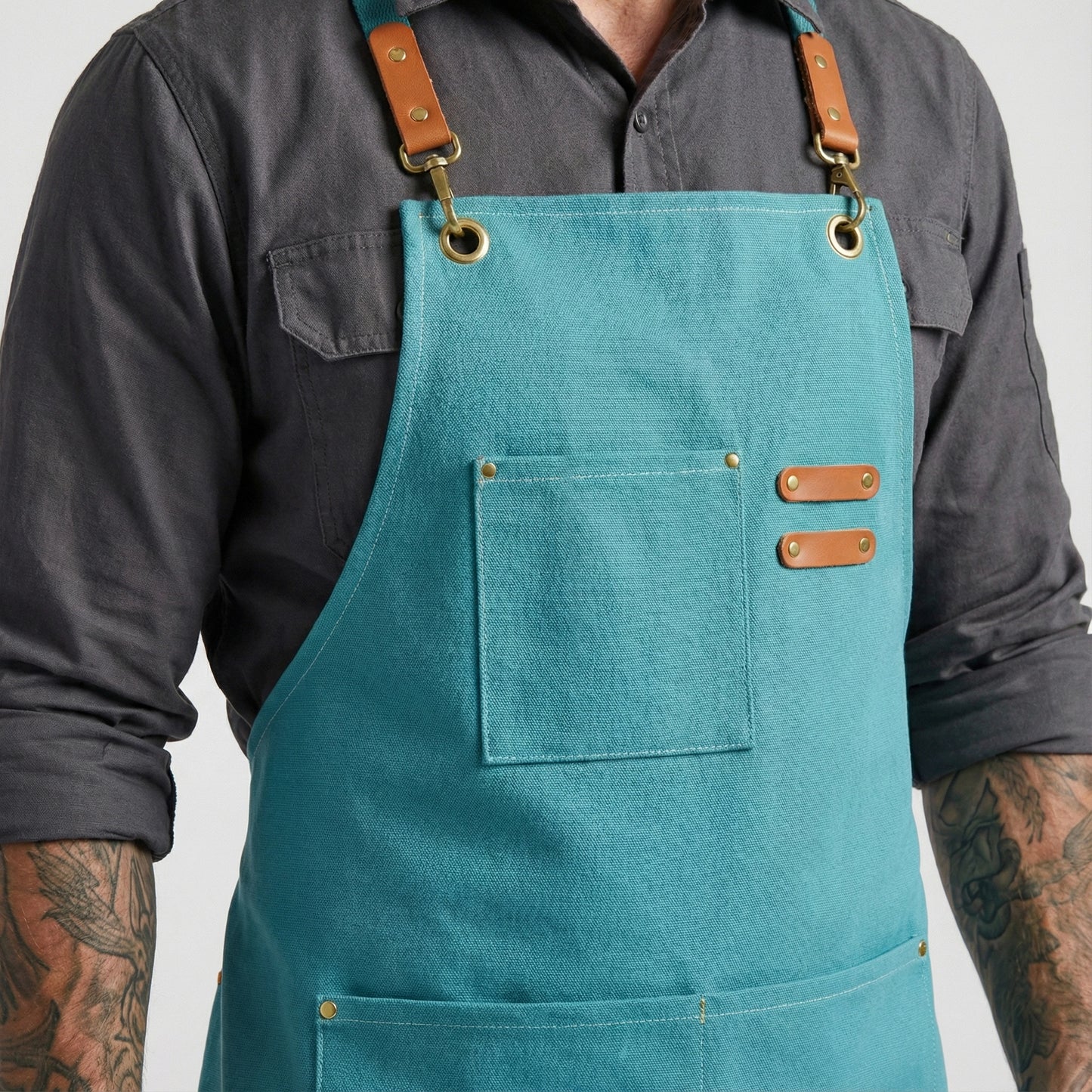 Canvas Apron with Faux Leather Pad 3 Pockets - Aqua Blue