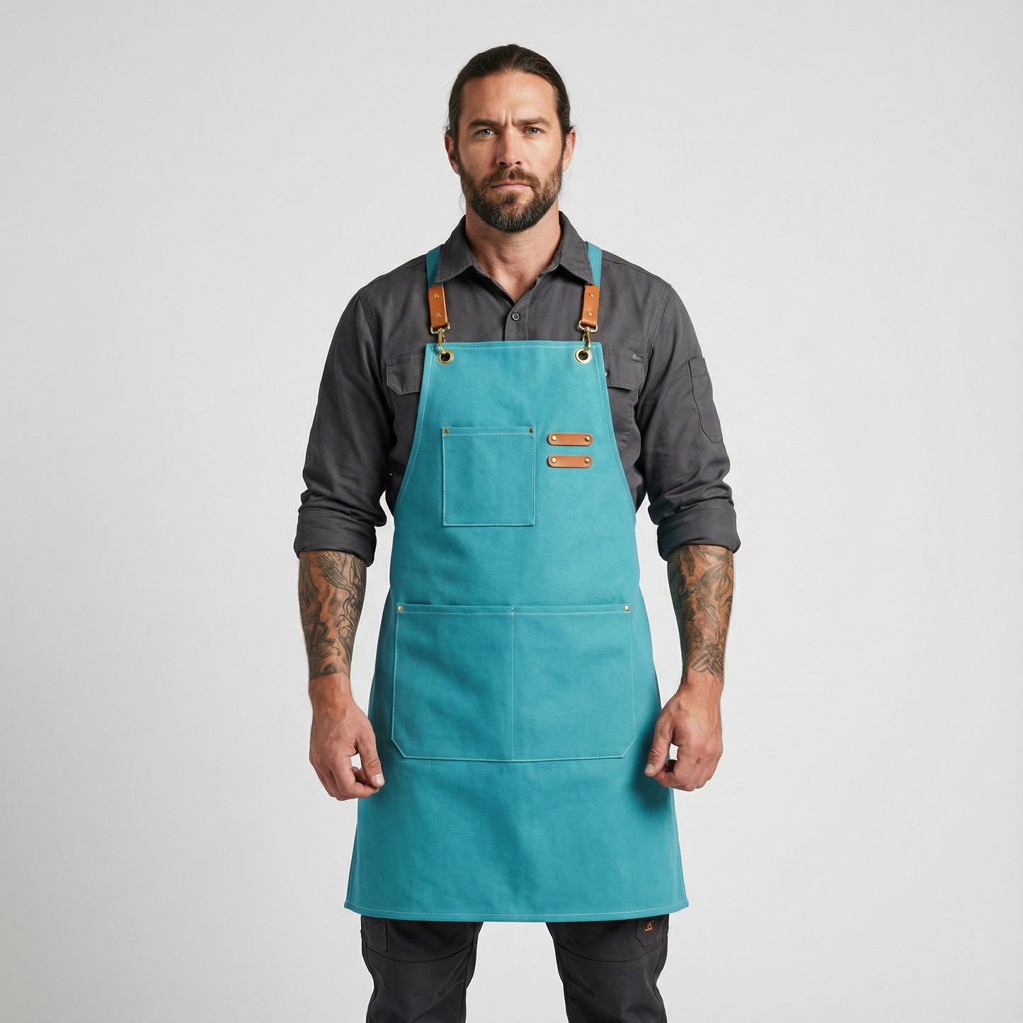 Canvas Apron with Faux Leather Pad 3 Pockets - Aqua Blue