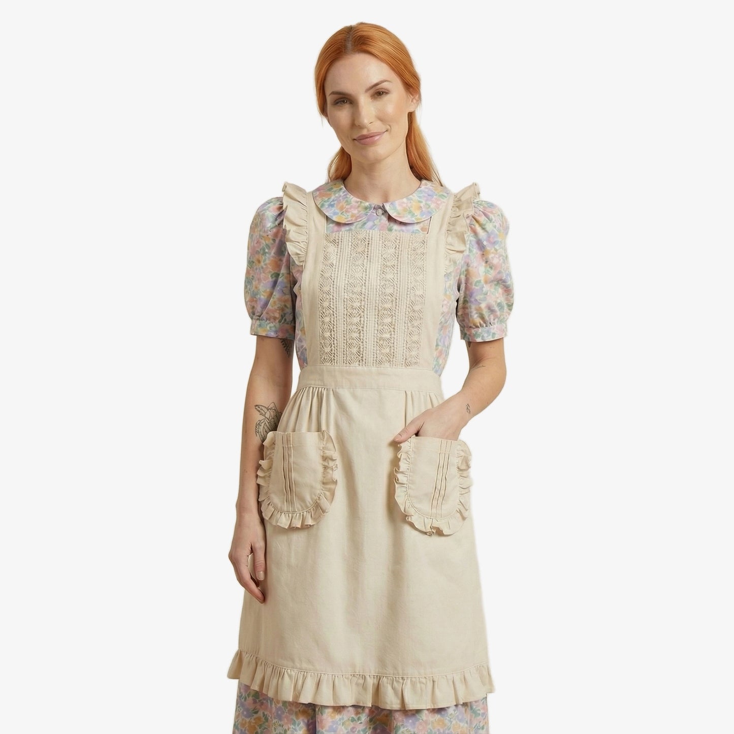 Cotton Flounce Apron With 2 Pockets - Cream