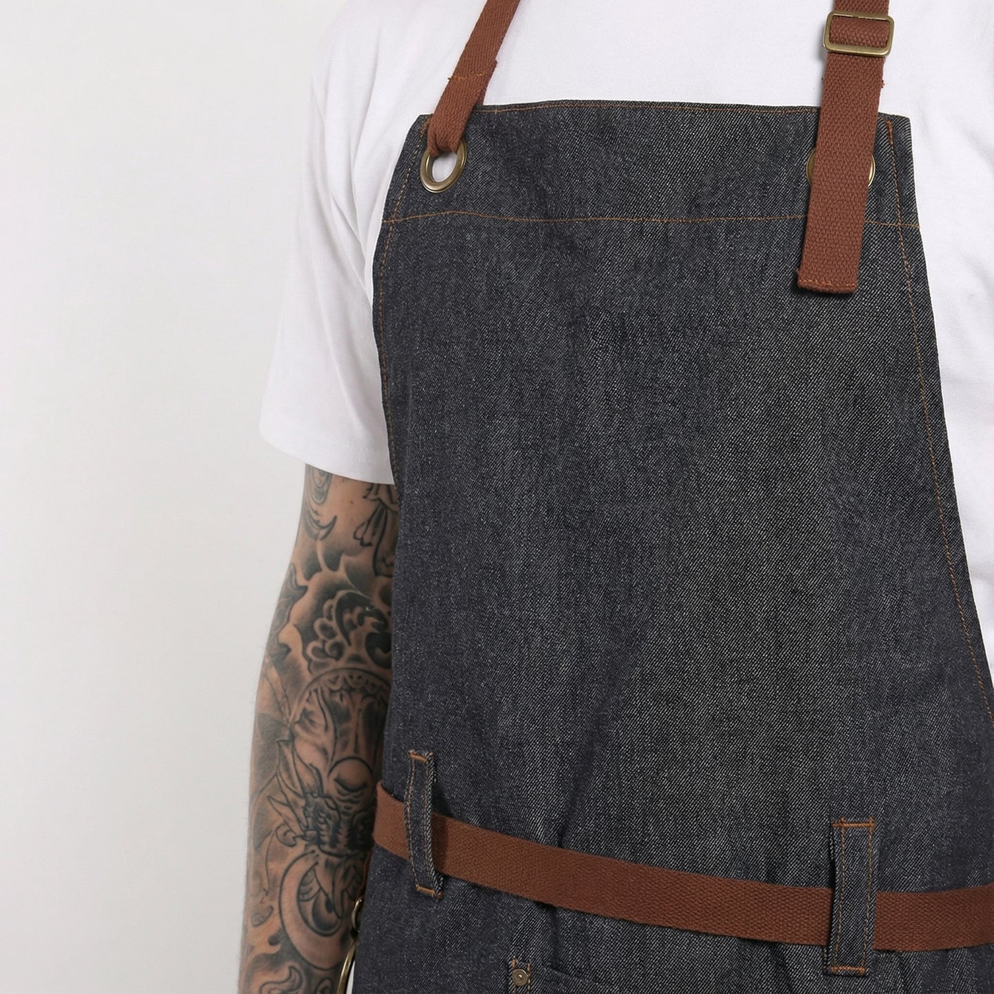 Denim Bib Apron With Cotton Webbing Strap and Towel Ring - Black