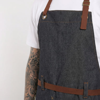 Denim Bib Apron With Cotton Webbing Strap and Towel Ring - Black