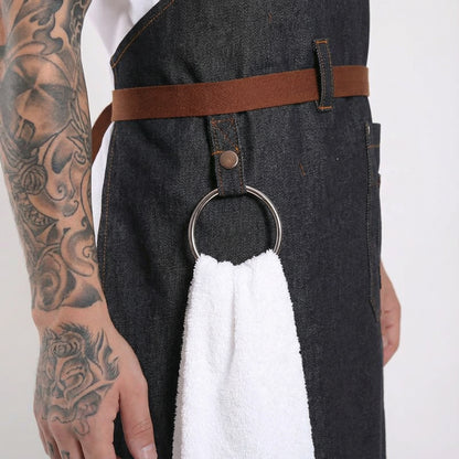 Denim Bib Apron With Cotton Webbing Strap and Towel Ring - Black