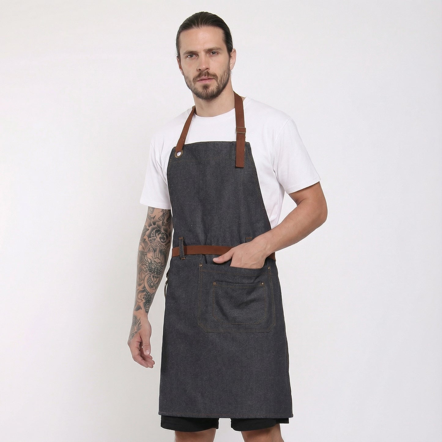 Denim Bib Apron With Cotton Webbing Strap and Towel Ring - Black