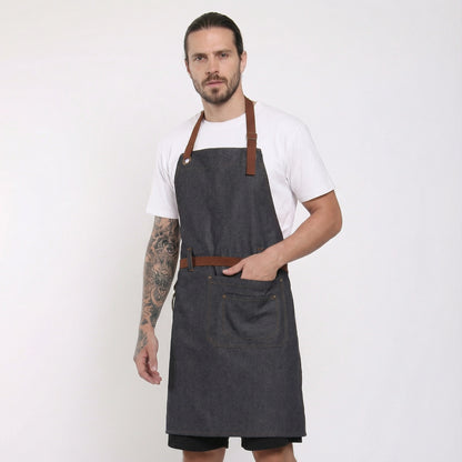 Denim Bib Apron With Cotton Webbing Strap and Towel Ring - Black