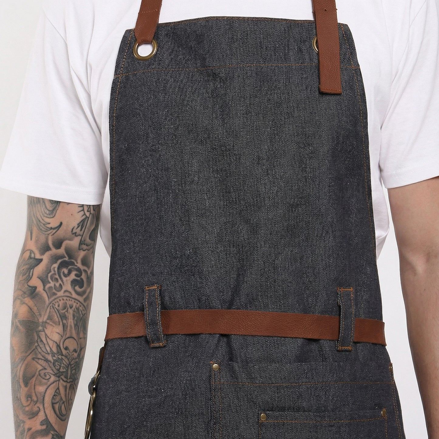 Denim Bib Apron With Cotton Webbing Strap and Towel Ring - Black