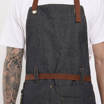 Denim Bib Apron With Cotton Webbing Strap and Towel Ring - Black