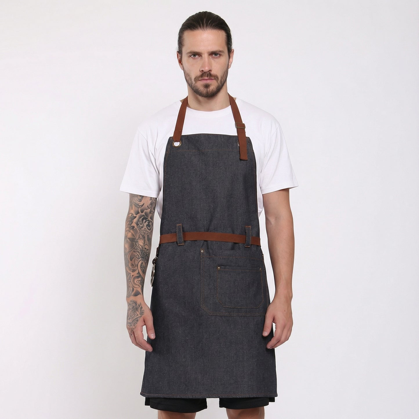Denim Bib Apron With Cotton Webbing Strap and Towel Ring - Black