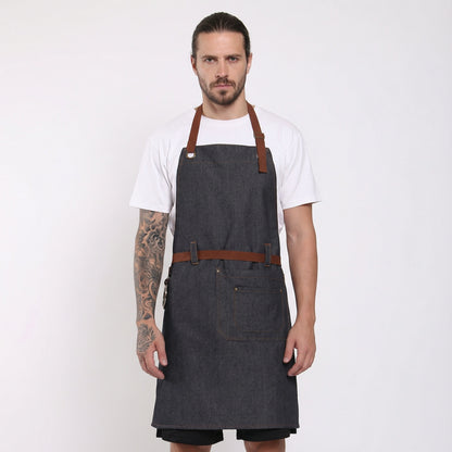 Denim Bib Apron With Cotton Webbing Strap and Towel Ring - Black