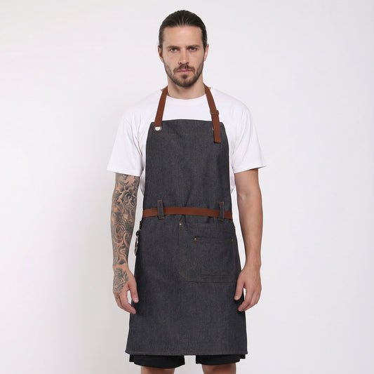Denim Bib Apron With Cotton Webbing Strap and Towel Ring - Black