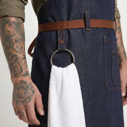 Denim Bib Apron With Cotton Webbing Strap and Towel Ring - Blue