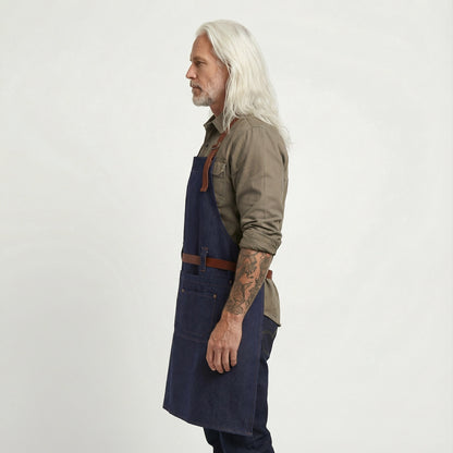 Denim Bib Apron With Cotton Webbing Strap and Towel Ring - Blue