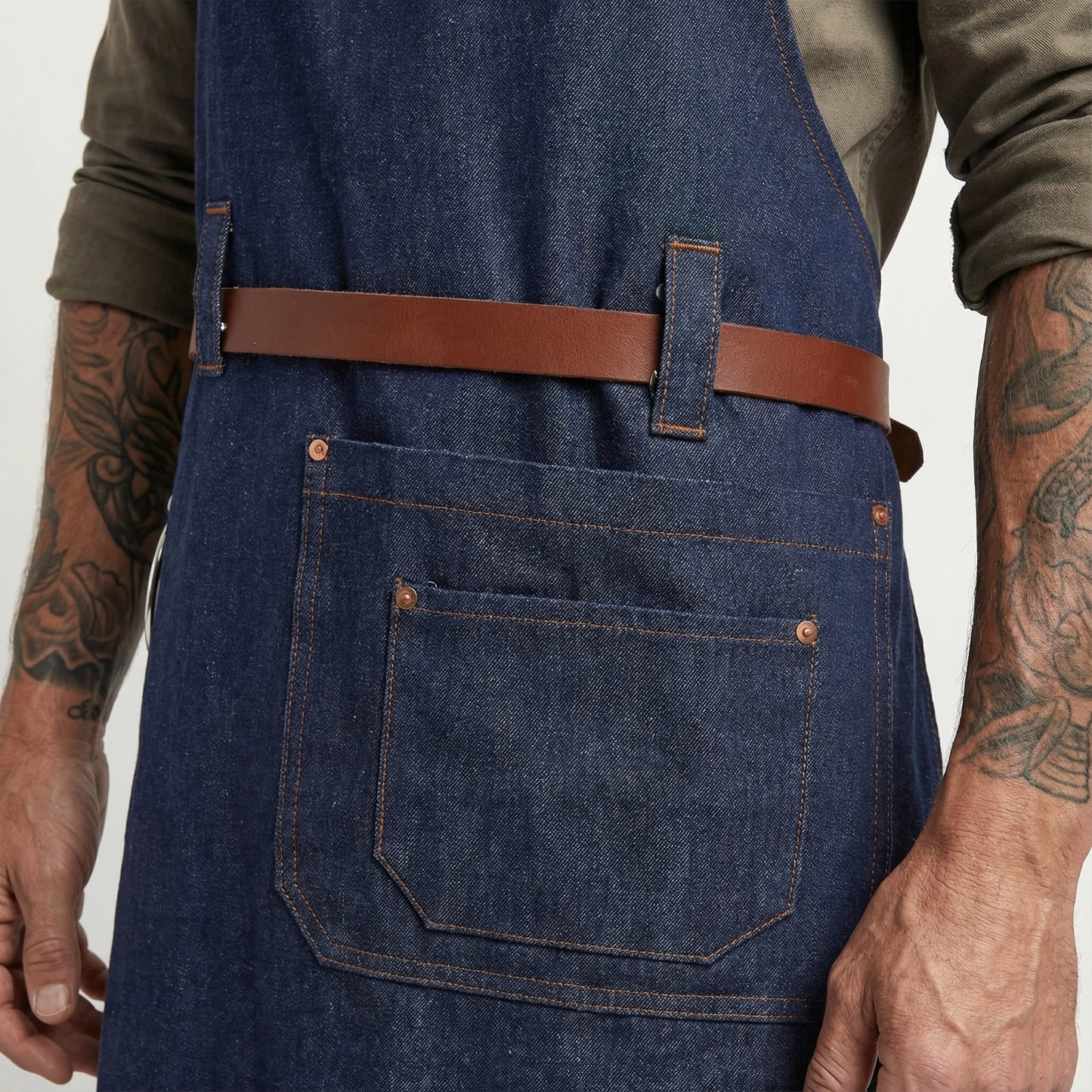 Denim Bib Apron With Cotton Webbing Strap and Towel Ring - Blue