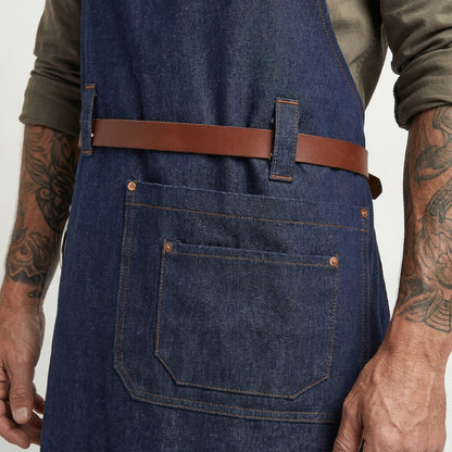 Denim Bib Apron With Cotton Webbing Strap and Towel Ring - Blue