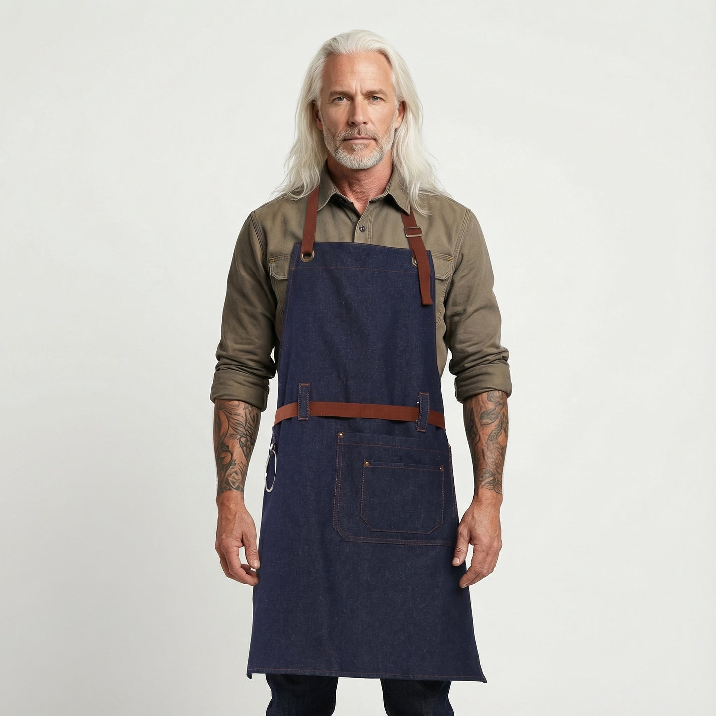 Denim Bib Apron With Cotton Webbing Strap and Towel Ring - Blue