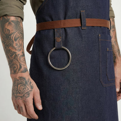 Denim Bib Apron With Cotton Webbing Strap and Towel Ring - Blue