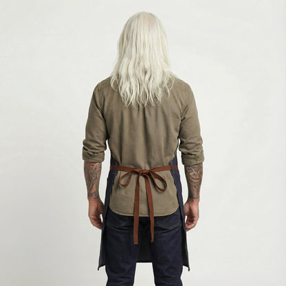 Denim Bib Apron With Cotton Webbing Strap and Towel Ring - Blue