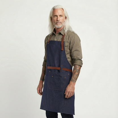 Denim Bib Apron With Cotton Webbing Strap and Towel Ring - Blue