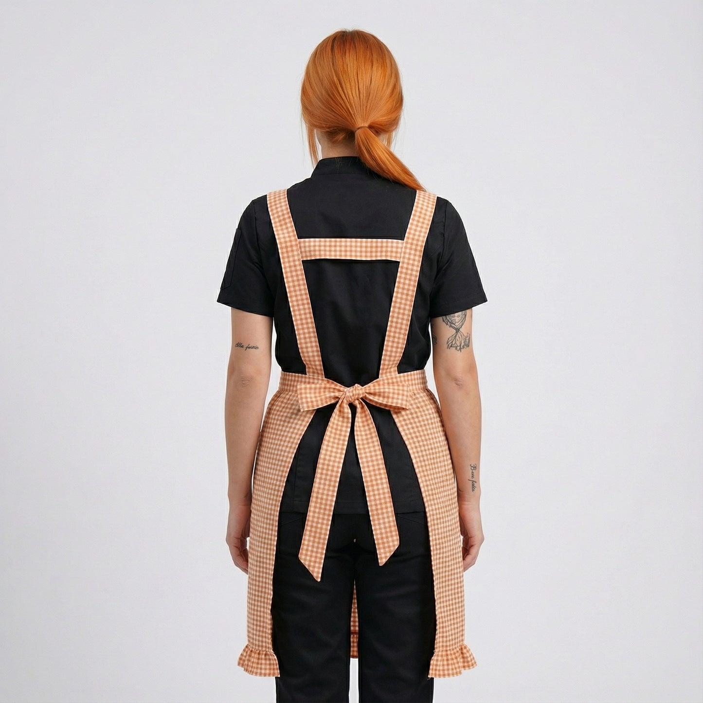 Checked Pattern Cotton Apron With 2 Pockets - Pastel Orange