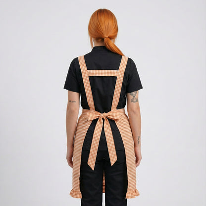 Checked Pattern Cotton Apron With 2 Pockets - Pastel Orange