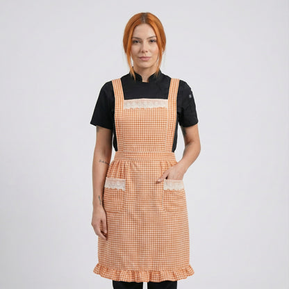 Checked Pattern Cotton Apron With 2 Pockets - Pastel Orange