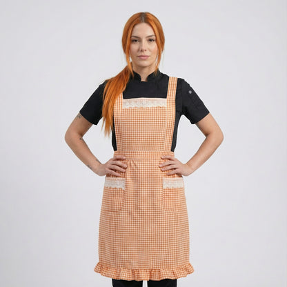 Checked Pattern Cotton Apron With 2 Pockets - Pastel Orange