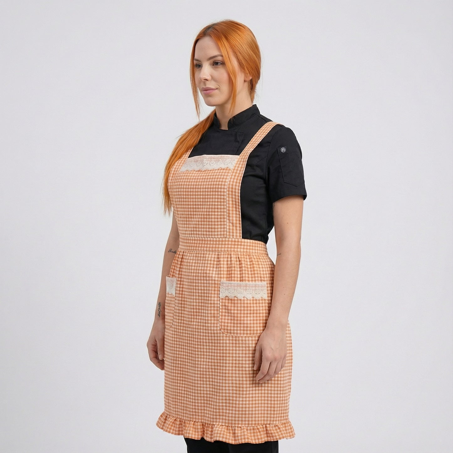Checked Pattern Cotton Apron With 2 Pockets - Pastel Orange