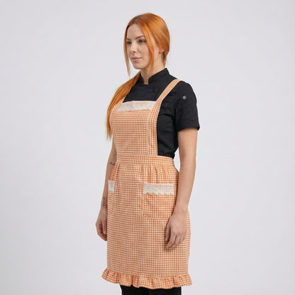 Checked Pattern Cotton Apron With 2 Pockets - Pastel Orange