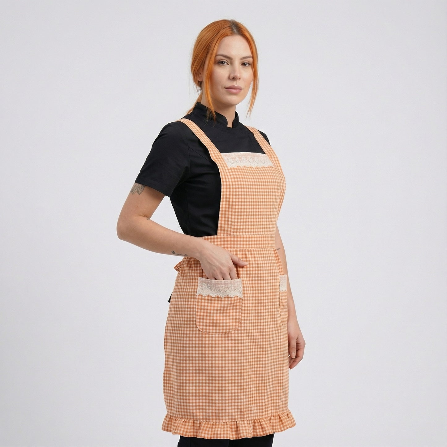 Checked Pattern Cotton Apron With 2 Pockets - Pastel Orange