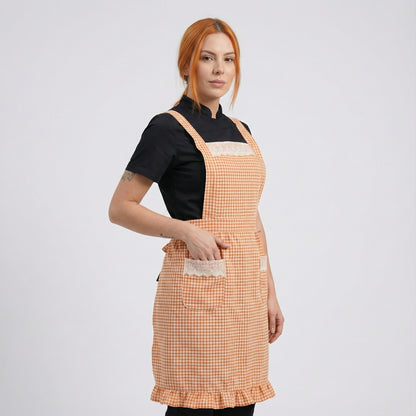 Checked Pattern Cotton Apron With 2 Pockets - Pastel Orange