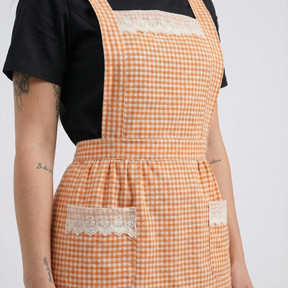 Checked Pattern Cotton Apron With 2 Pockets - Pastel Orange